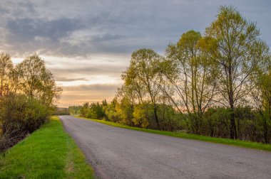 Bahar manzarası, gün doğumu. Bir köy yolu, kırsal bir arazi.