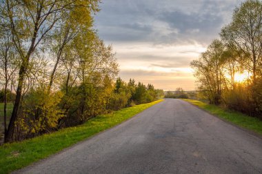 Bahar manzarası, gün doğumu. Bir köy yolu, kırsal bir arazi.