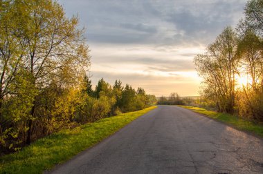Bahar manzarası, gün doğumu. Ağaçlı çayır, kırsal arazi