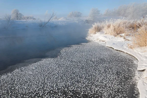 Winter Photography Fog River Trees Hoarfrost — Stock Photo, Image