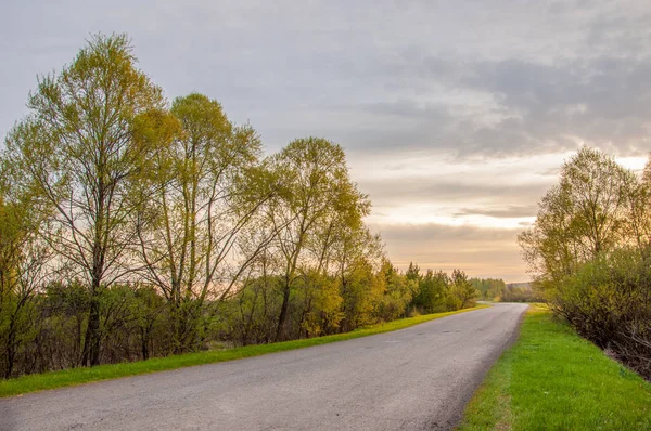 Bahar manzarası, gün doğumu. Bir köy yolu, kırsal bir arazi.