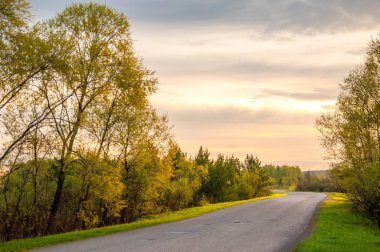 Bahar manzarası, gün doğumu. Bir köy yolu, kırsal bir arazi.