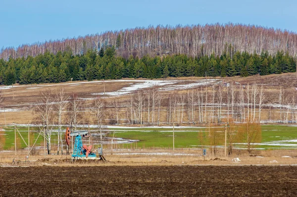 Frühling gepflügtes Feld, Schaukelöl (Ölpumpe) Birkenkiefer im Frühling — Stockfoto