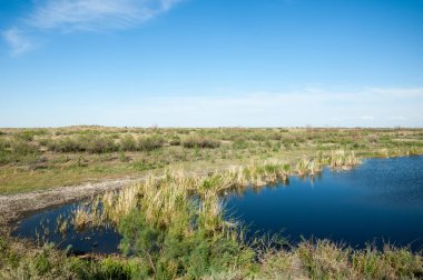 Olay yerinde bozkır gölde akşam güzel gökyüzü altında küçük bir göl