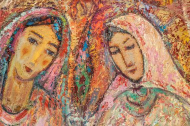 Karnaval renklerini boyamak. Anne ve kızı.