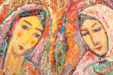 Karnaval renklerini boyamak. Anne ve kızı.