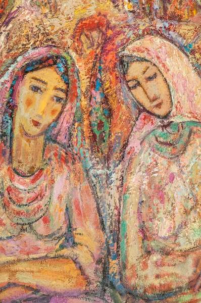 Pittura tela dipinti colori di carnevale. Madre e figlia, th — Foto Stock