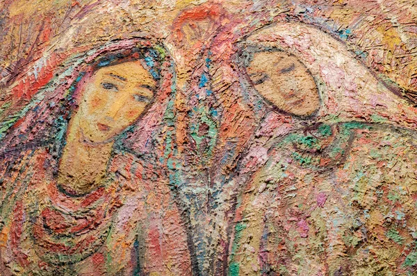 Pittura tela dipinti colori di carnevale. Madre e figlia, th — Foto Stock