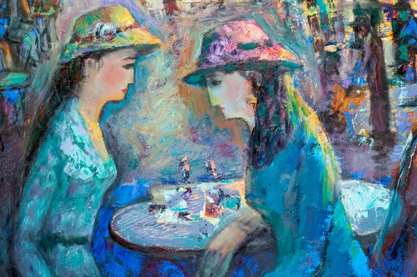 Textur, Hintergrund. das Bild mit Öl gemalt, zwei Frauen sitzen — Stockfoto