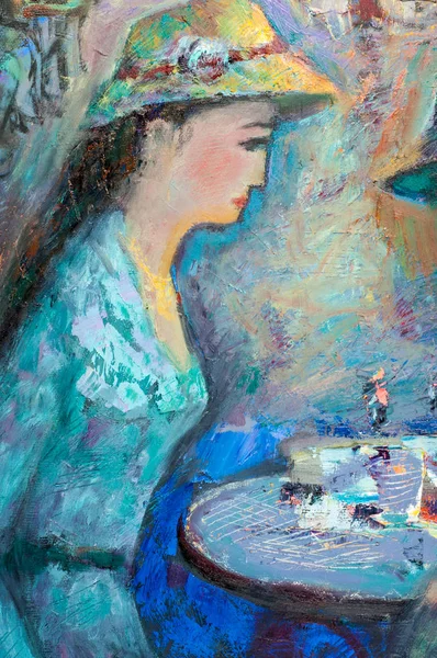 Texture, sfondo. Il quadro dipinto ad olio, due donne si siedono — Foto Stock