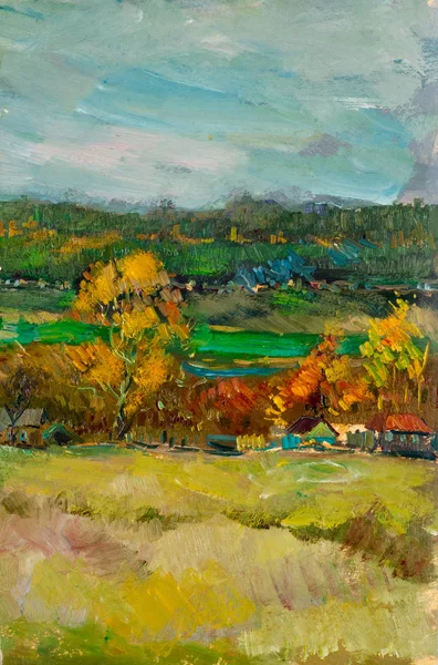 Cuadro de arte pintado con pintura al óleo. Vista del pueblo, en el —  Fotos de Stock
