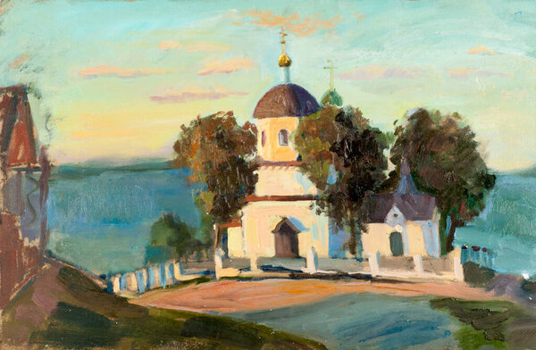 Art picture painted with oil paint. Orthodox church on the river