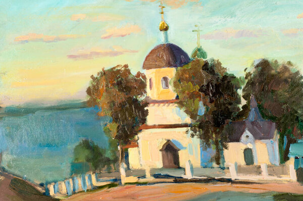 Art picture painted with oil paint. Orthodox church on the river
