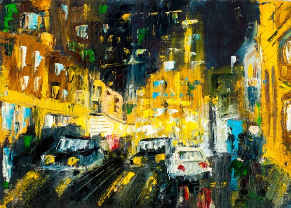 Art picture painted with oil paint. Night city after rain, cars
