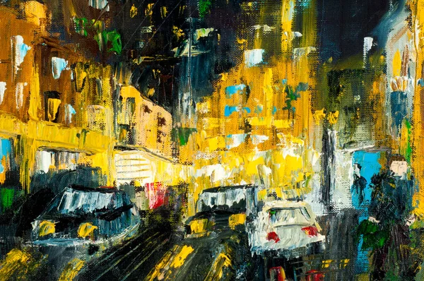 Cuadro de arte pintado con pintura al óleo. Ciudad nocturna después de la lluvia, coches —  Fotos de Stock