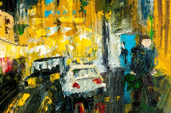 Cuadro de arte pintado con pintura al óleo. Ciudad nocturna después de la lluvia, coches —  Fotos de Stock