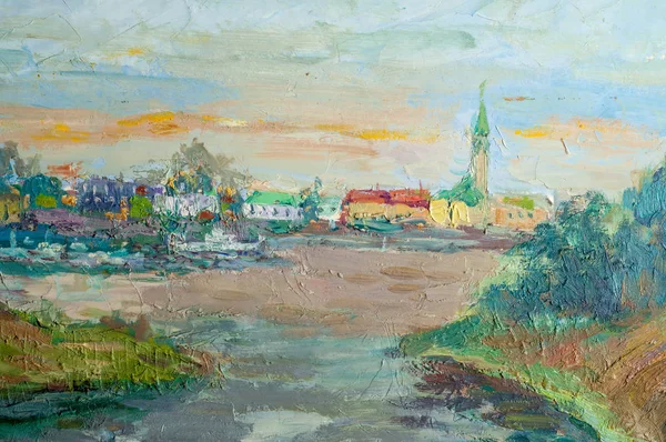 油絵具で描いたアート画像。村の池 — ストック写真