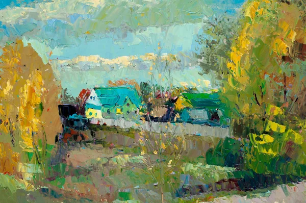 Il quadro dipinto ad olio. autunno villaggio di betulle — Foto Stock