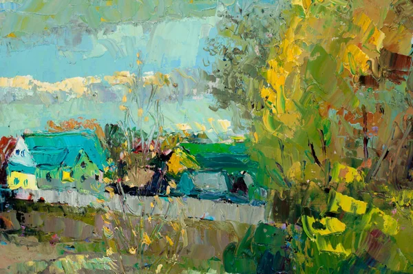 O quadro pintado com óleo. Outono vidoeiro aldeia — Fotografia de Stock