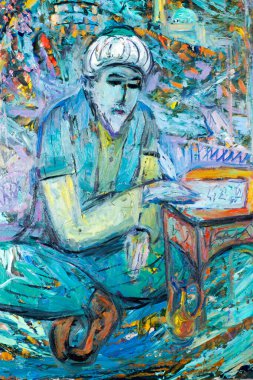 Etnografi, M.Sh. Khaziev. Yağlarla boyanmış bir sanatçı resmi. eski 