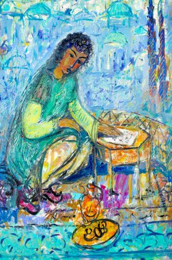 Etnografya, M.Sh. Haziev. yağlıboya resim boyalı sanatçı resmi. Orie