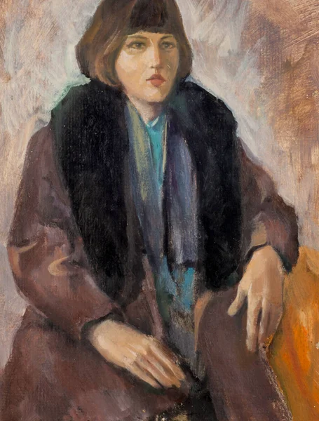 Obraz namalowany olejem. portret kobiety w płaszczu z — Zdjęcie stockowe