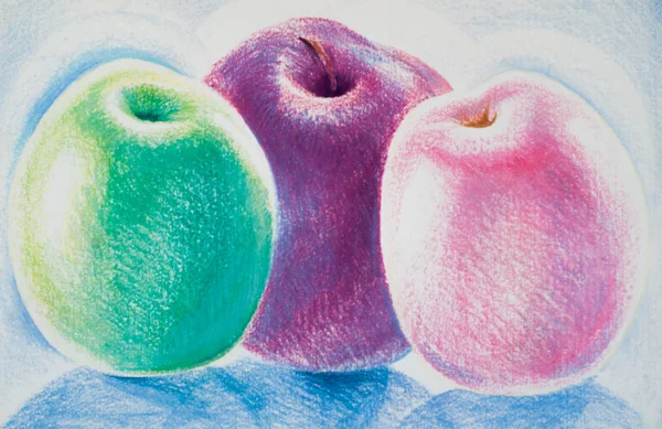 A picture drawn with crayons. two red apples, very tasty — 스톡 사진