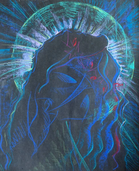 A picture drawn with colored wax crayons. The image of the saint — Stock Photo, Image