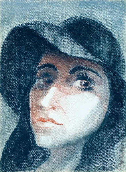 Egy zsírkrétával rajzolt kép. portré egy kalapos nőről — Stock Fotó
