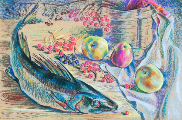 Lápices de cera, lápices de cera Dibujo, Manzanas de pescado, cenizas de montaña, lengüeta —  Fotos de Stock