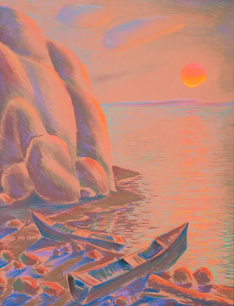 Figura pastelli, barca tramonto scogliera mare — Foto Stock