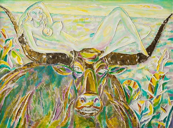 Картина, написанная маслом, Минотавр с голой женщиной на — стоковое фото