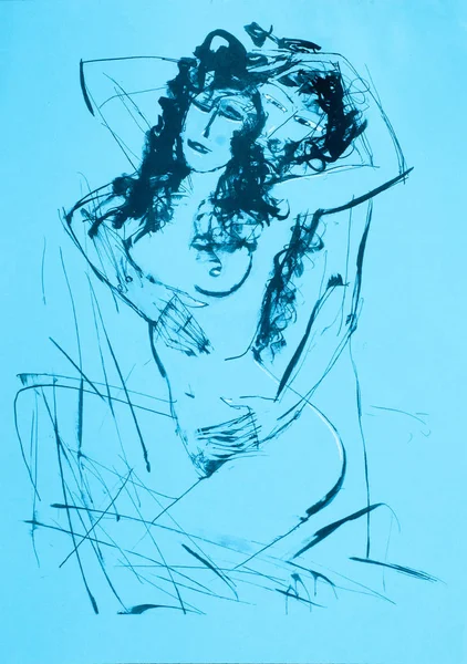 Dessin au crayon sur papier bleu, rapports sexuels homme femme, le — Photo