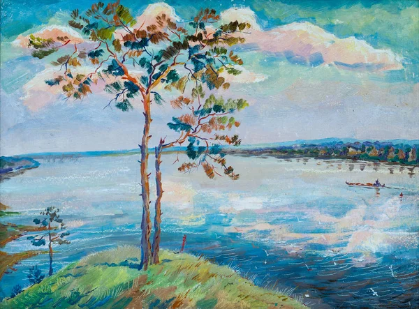 Obraz olejny farby na rzece Jesienna sosna stoi na wzgórzu — Zdjęcie stockowe