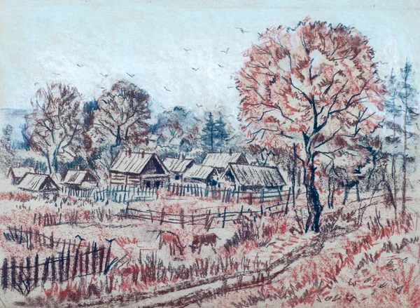 Drawing colored wax crayons. landscape trees, village autumn — 스톡 사진