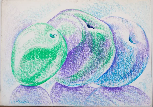 Dibujo crayones de cera de colores. Manzanas bodegón —  Fotos de Stock