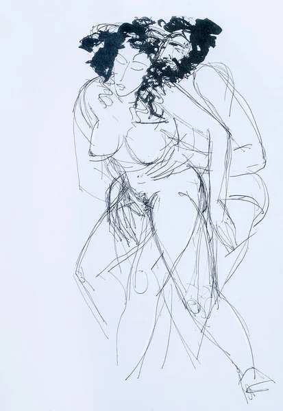 Ołówek rysunek na niebieskim papierze, mężczyzna kobieta stosunek płciowy, — Zdjęcie stockowe