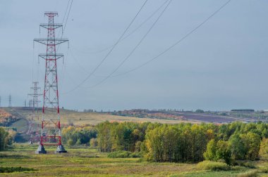 Avrupa 'nın kırsal kesimlerinde, bir sonbahar günü, yerel Avrupa ağaçlarının ve bitki örtüsünün üzerinde yükselen yüksek voltajlı elektrik iletim kulelerinin panoramik görüntüsü