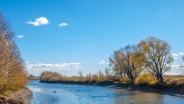 Sonbahar fotoğrafçılığı, nehrin taşkın ovası, ama şimdiye kadar sadece sonbahar altın, ne yağmur ne de rüzgar var, ve altın yaprak yeryüzüne uçuyor, ruhun özlemle doluyor..
