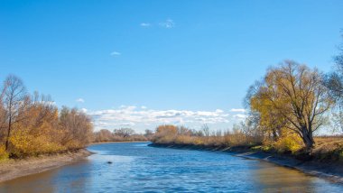 Sonbahar fotoğrafçılığı, nehrin taşkın ovası, ama şimdiye kadar sadece sonbahar altın, ne yağmur ne de rüzgar var, ve altın yaprak yeryüzüne uçuyor, ruhun özlemle doluyor..