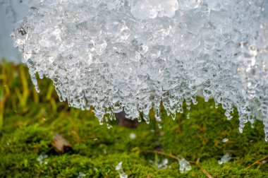 Kış manzarası, pınardaki buz, donmuş su, kırılgan, şeffaf kristal bir katı. Kaynak, iyi, rill