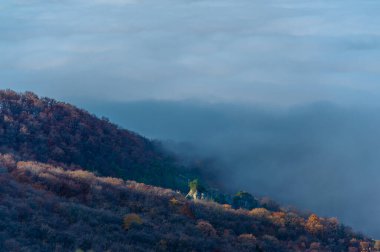 Kırım yarımadasının sonbahar fotoğrafları. Bulutların üstündeki dağlarda. Kayın, çam, boynuz, Demerdji dağlarındaki orman.