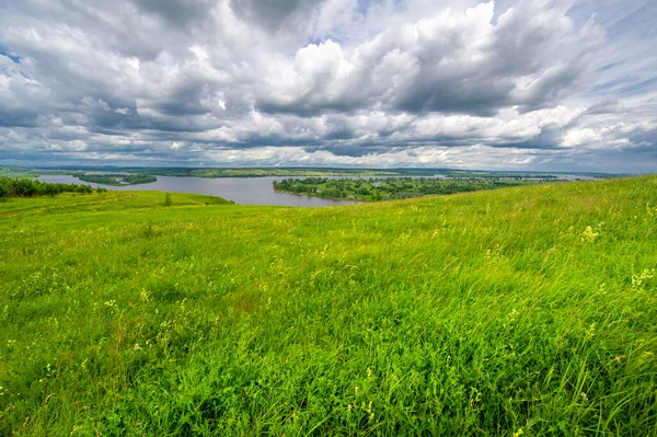 Paisagem Verão Grande Rio Cheio Fluxo Flores Prado Nas Margens — Fotografia de Stock