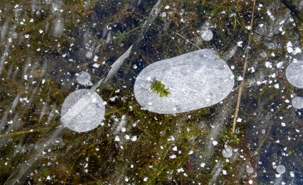 Υπάρχει Παγετός Στο Δρόμο Πάγος Στο Ποτάμι Φυσαλίδες Πάγου Κολλημένες — Φωτογραφία Αρχείου