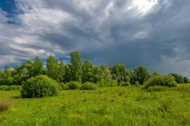 Yaz manzarası, gök gürültülü bulutlar, mavi gökyüzü, sel basmış çayır tarlaları, yaz renklerinin kokusu ve çeşitli kır çiçekleri.