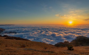 Kırım yarımadasının sonbahar fotoğrafları. Bulutların üstündeki dağlarda. Kayın, çam, boynuz, Demerdji dağlarındaki orman.