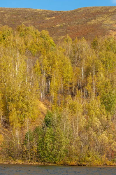 Φθινοπωρινό Τοπίο Σκούρα Μπλε Νερά Τελευταίες Ζεστές Μέρες Ποτάμι Δέντρα — Φωτογραφία Αρχείου
