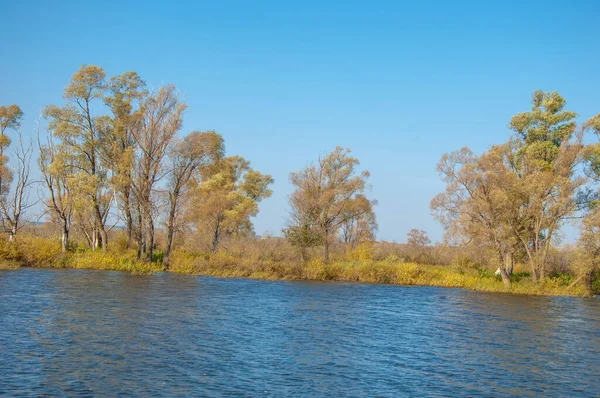 Herfstlandschap Donkerblauw Water Laatste Warme Dagen Rivier Bomen Winderig Weer — Stockfoto