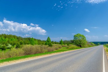 Geniş açılı mercek, yerel otoyol, parlak yeşil ağaçlar, mavi gökyüzündeki bulutlar...