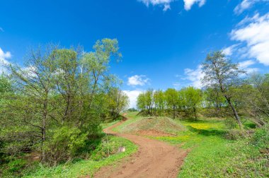 İlkbahar fotoğrafçılığı, tarlalar, çayırlar, ilkbahar güzelliği vadilerin, beyaz kabarık bulutların içindeki muhteşem mavi gökyüzü, dünya kış soğuğundan sonra uyanıyor.